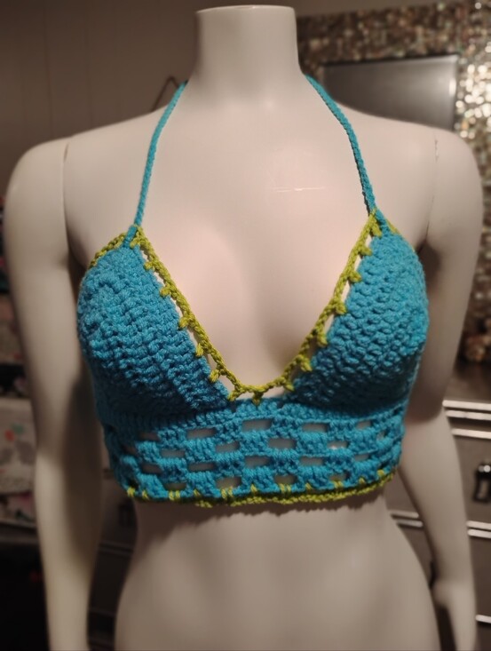 Handmade Tops - Handmade Crochet Bralette - Turquoise with Lime Trim